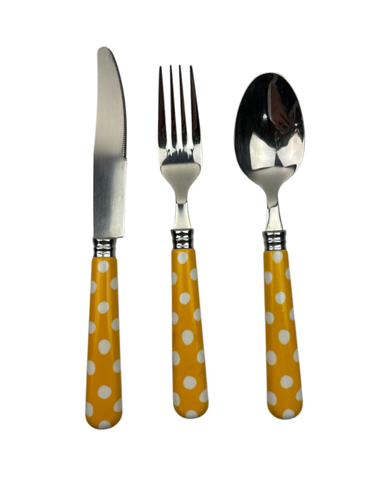 Set di 24 Posate in Acciaio Inox - Manico Giallo a Pois Bianchi
