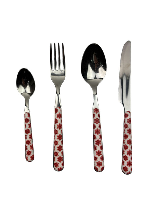 Set di 24 Posate  in Acciaio Inox - Manico con Fiori Rossi su Fondo Bianco