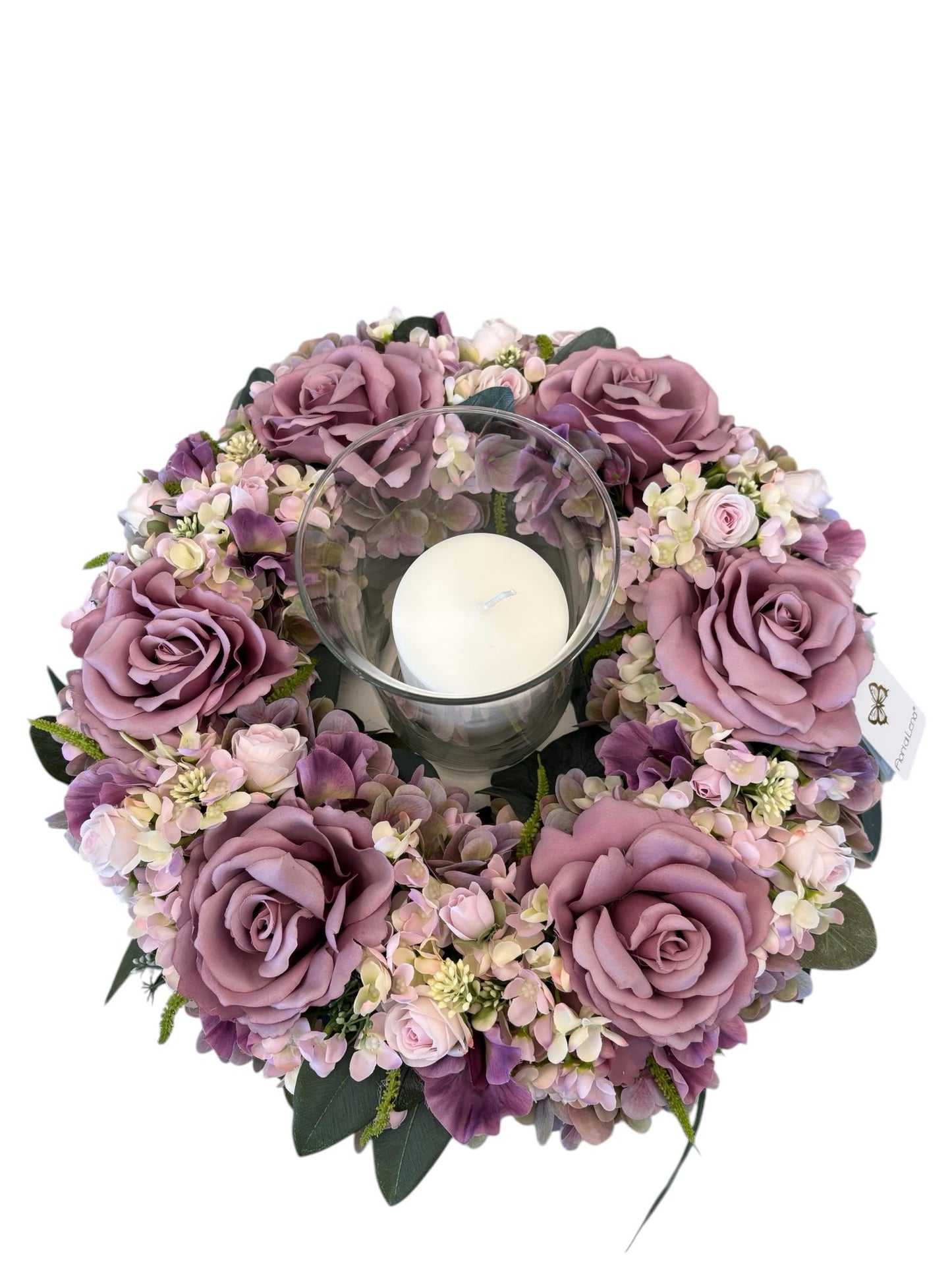 Centro Tavola con Ghirlanda Floreale e Vaso in Vetro diametro 40 cm – Fiori di Lena