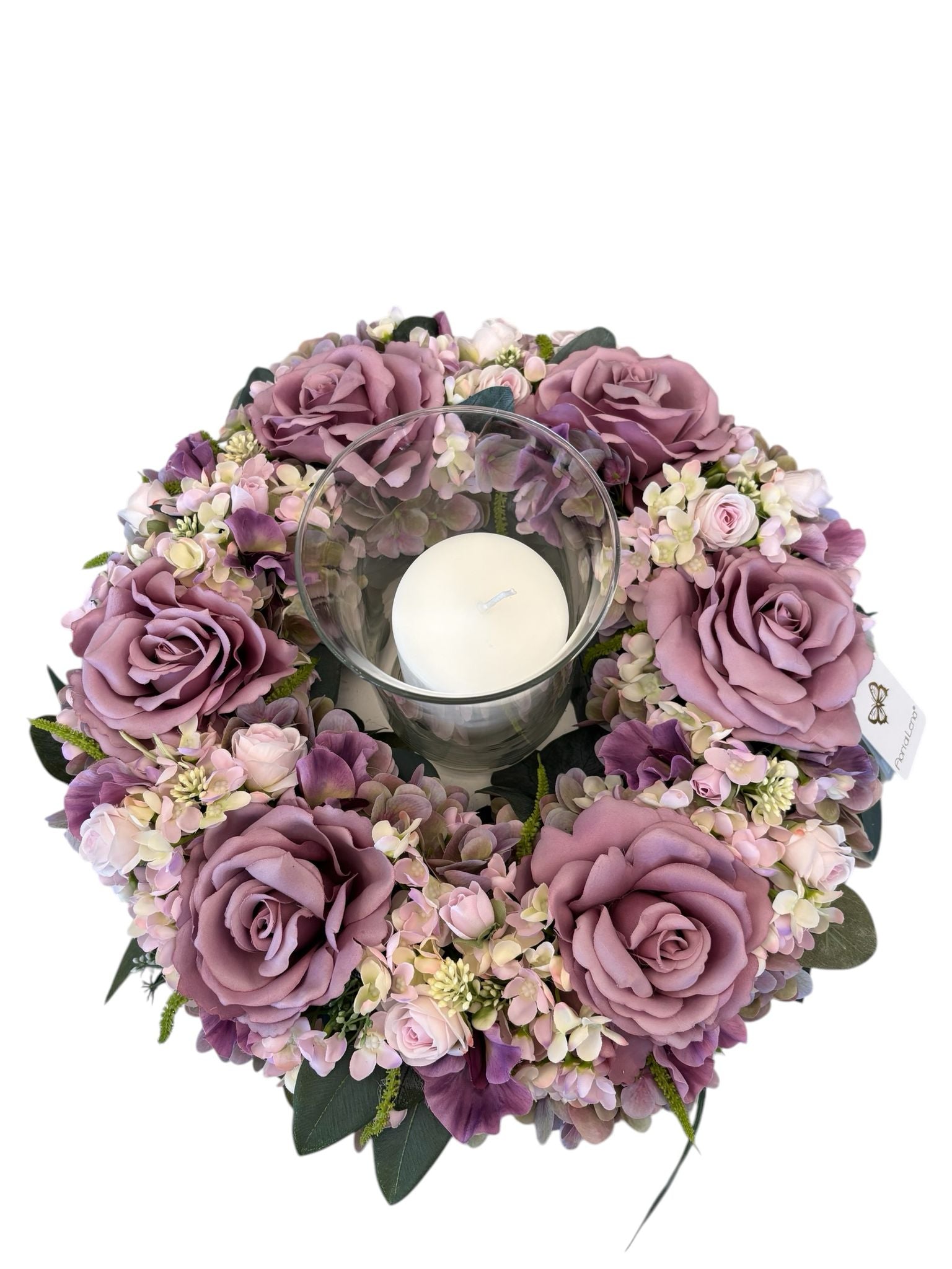 Centro Tavola con Ghirlanda Floreale e Vaso in Vetro diametro 40 cm – Fiori di Lena