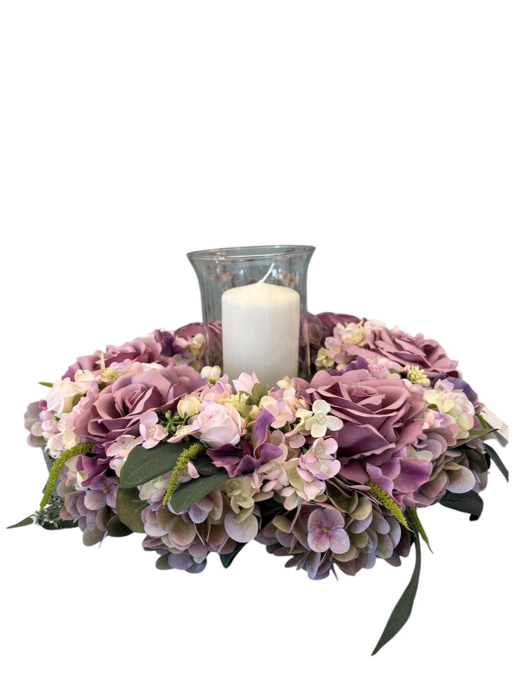 Centro Tavola con Ghirlanda Floreale e Vaso in Vetro diametro 40 cm – Fiori di Lena