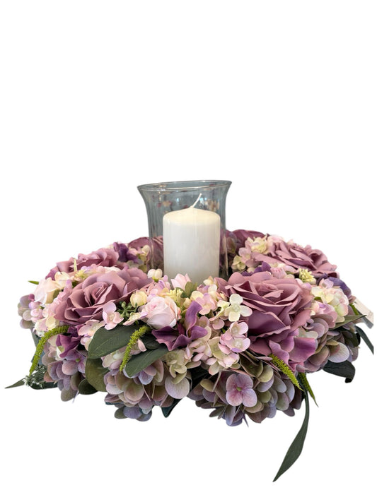 Centro Tavola con Ghirlanda Floreale e Vaso in Vetro diametro 40 cm – Fiori di Lena