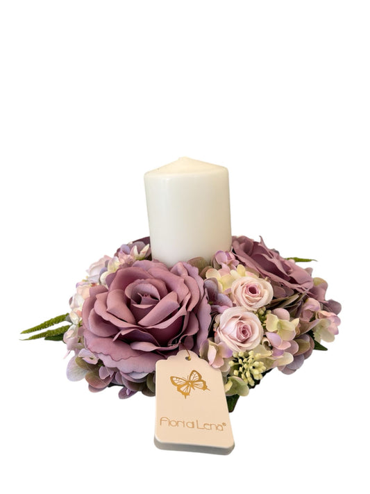 Centro Tavola con Ghirlanda Floreale e Candela diametro 22 cm – Fiori di Lena