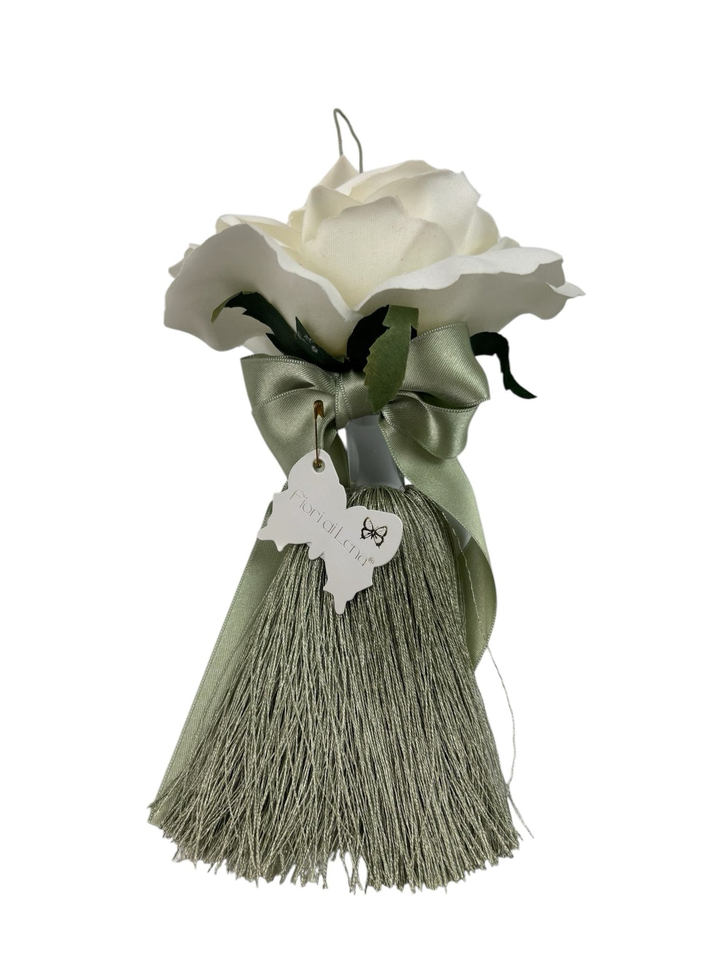 Nappa Decorativa con Rosa Bianca e Frange 22 cm – Fiori di Lena