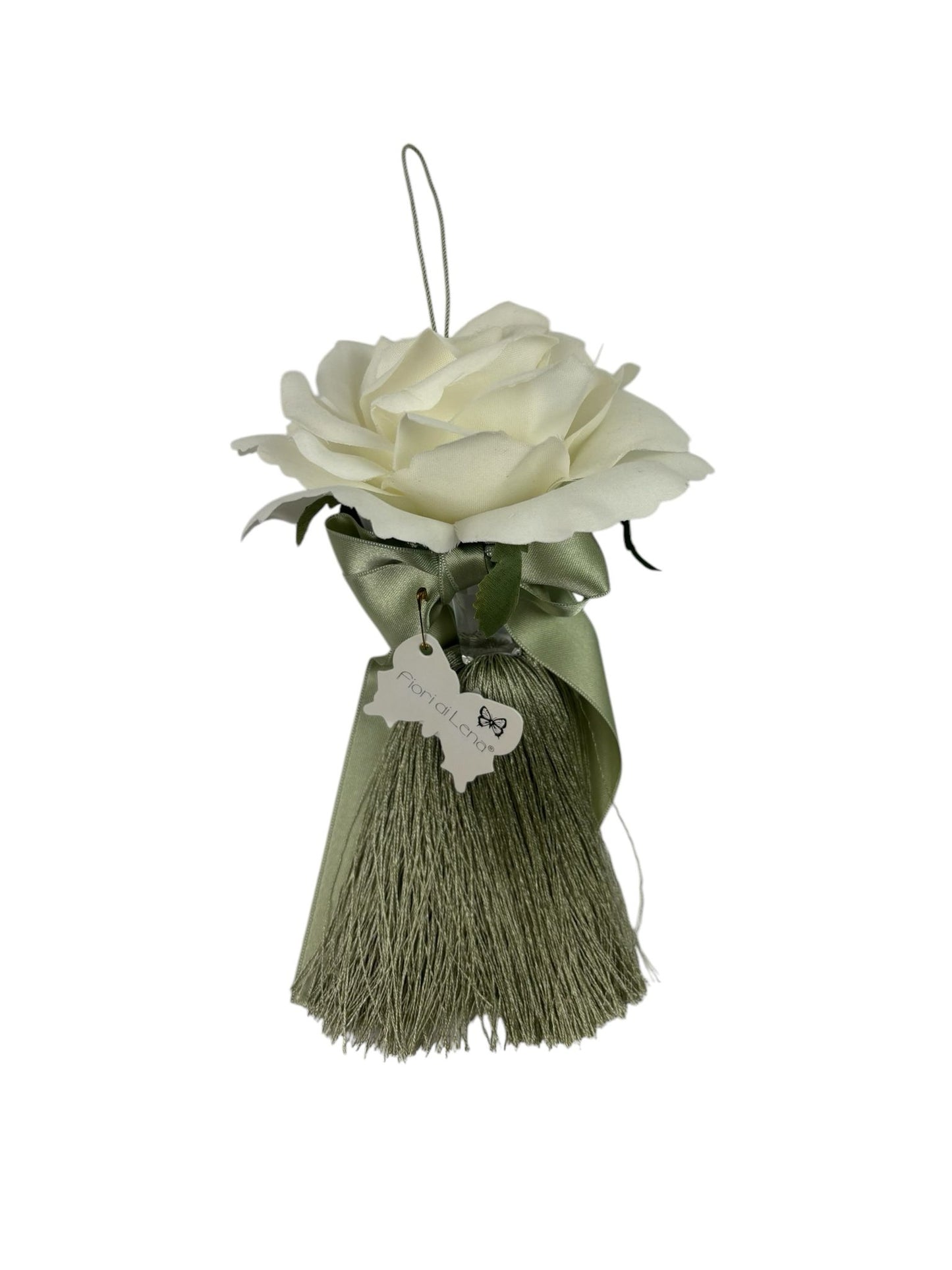 Nappa Decorativa con Rosa Bianca e Frange 22 cm – Fiori di Lena
