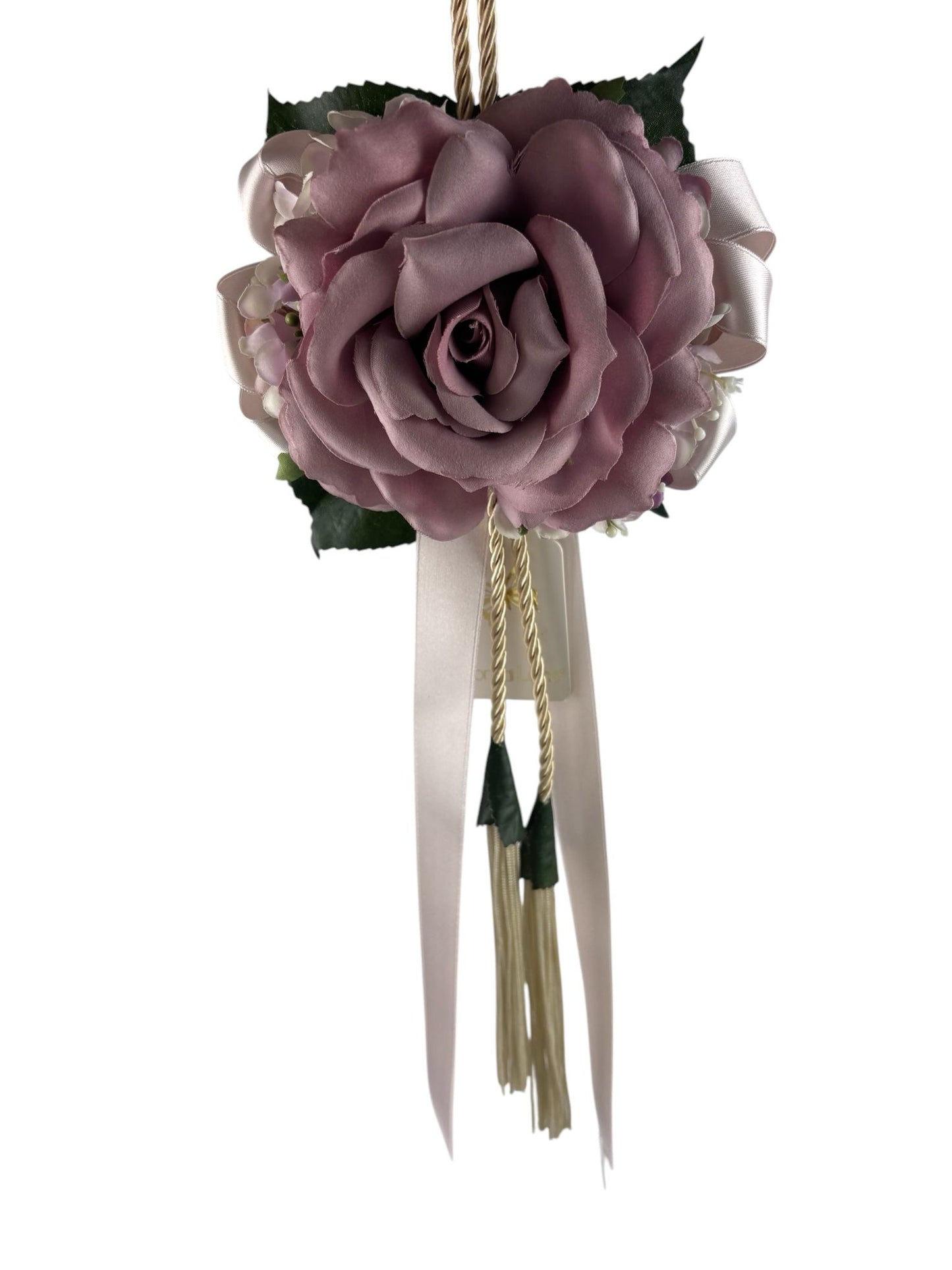 Nappa Decorativa con Rosa Malva e Nastri in Raso Avorio 40 cm – Fiori di Lena