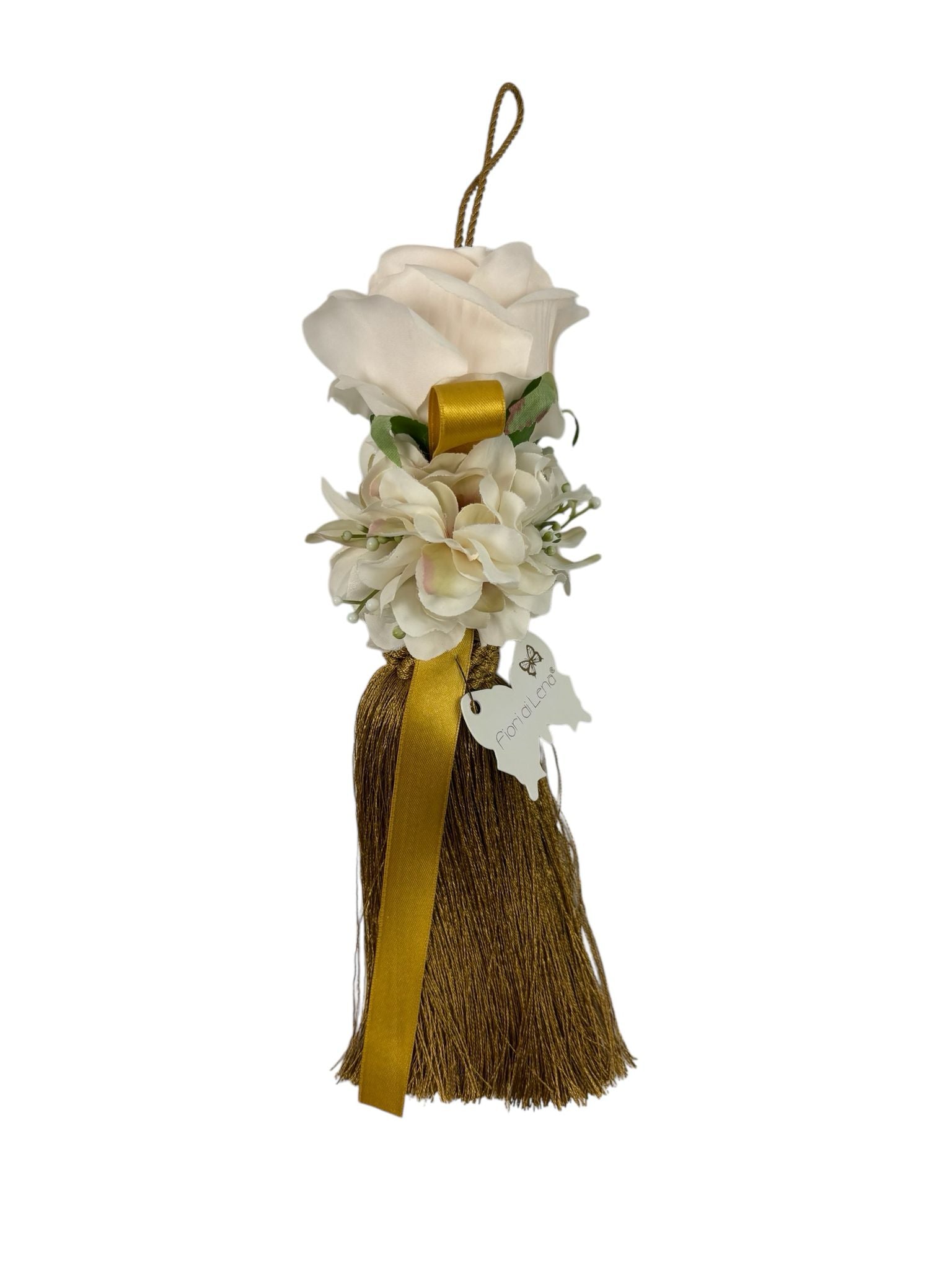 Nappa Decorativa con Rosa Bianca e Frange Oro 26 cm – Fiori di Lena