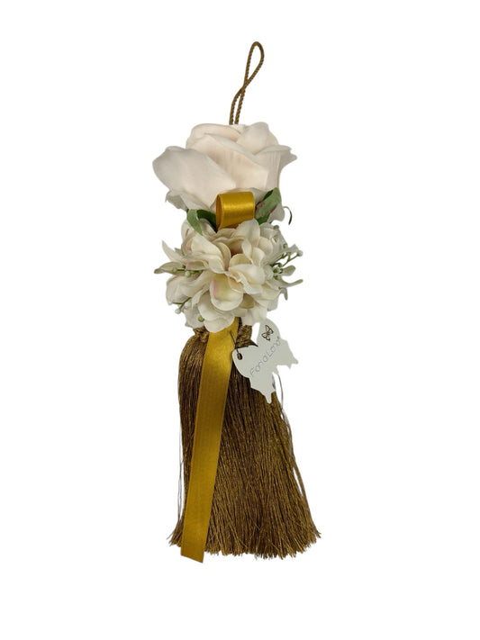 Nappa Decorativa con Rosa Bianca e Frange Oro 26 cm – Fiori di Lena
