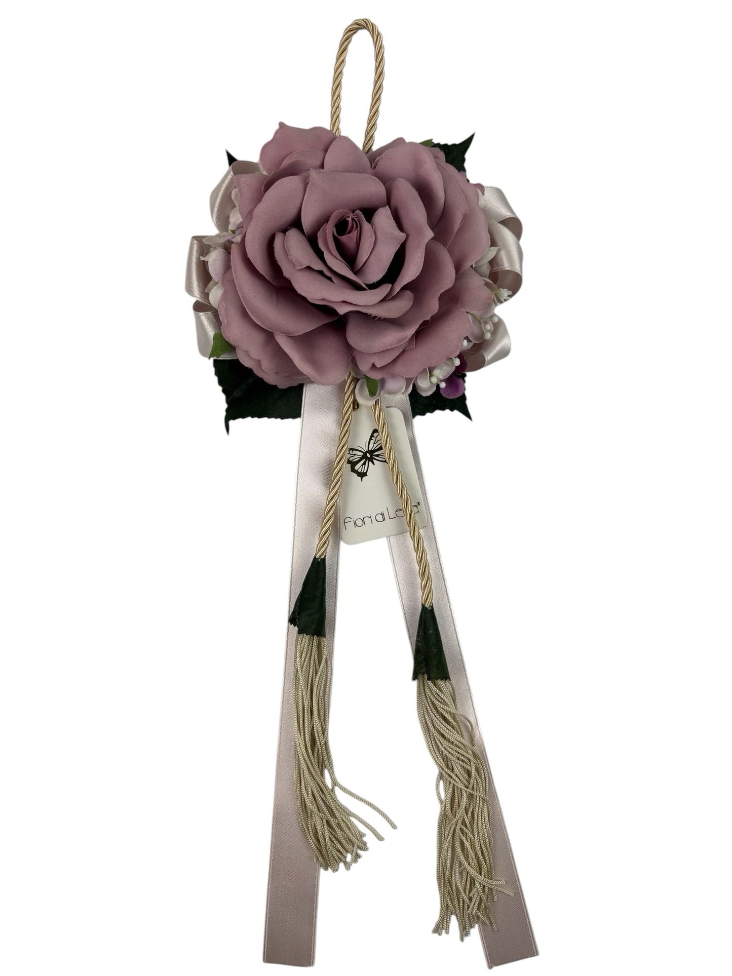 Nappa Decorativa con Rosa Malva e Nastri in Raso Avorio 40 cm – Fiori di Lena