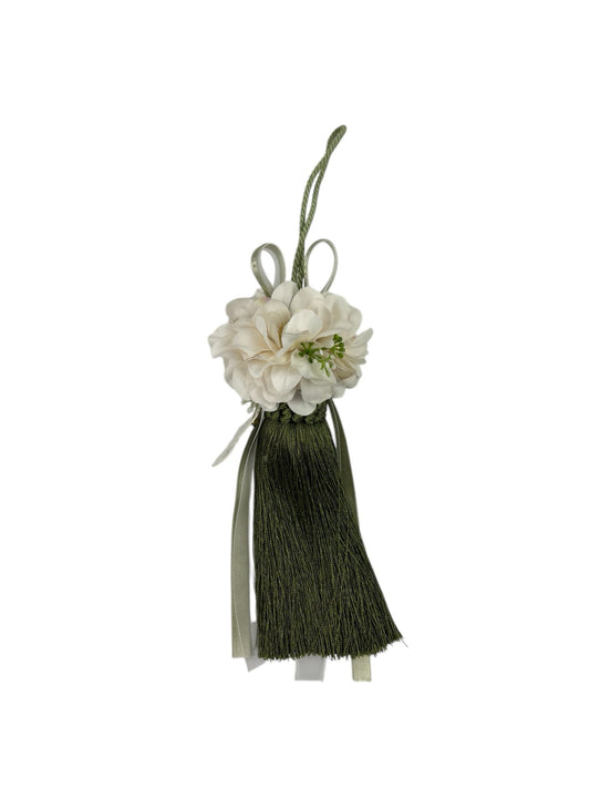 Nappa Decorativa con Fiori Bianchi e Frange Verdi 22 cm – Fiori di Lena