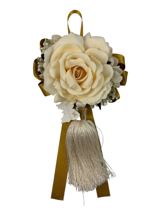 Nappa Decorativa con Rosa Avorio e Fiocco Oro 25 cm – Fiori di Lena