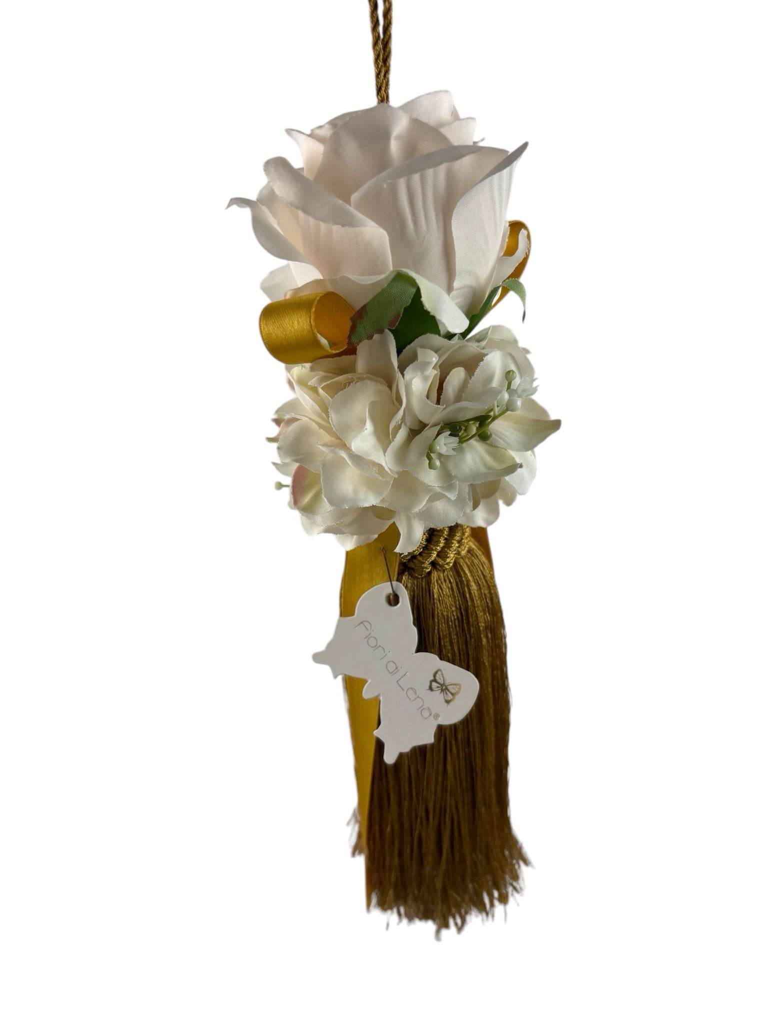 Nappa Decorativa con Rosa Bianca e Frange Oro 26 cm – Fiori di Lena