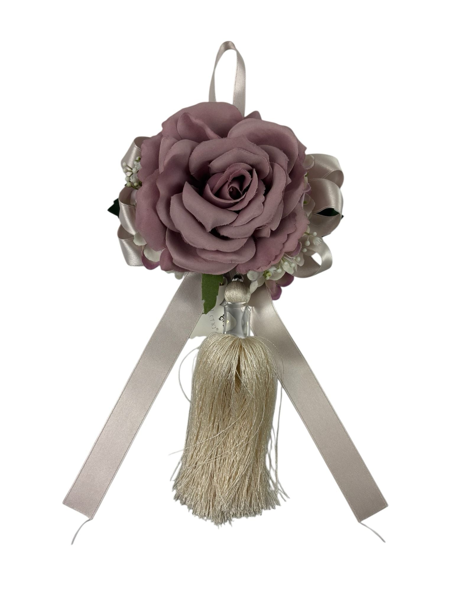 Nappa Decorativa con Rosa Malva e Frange Panna 23 cm – Fiori di Lena