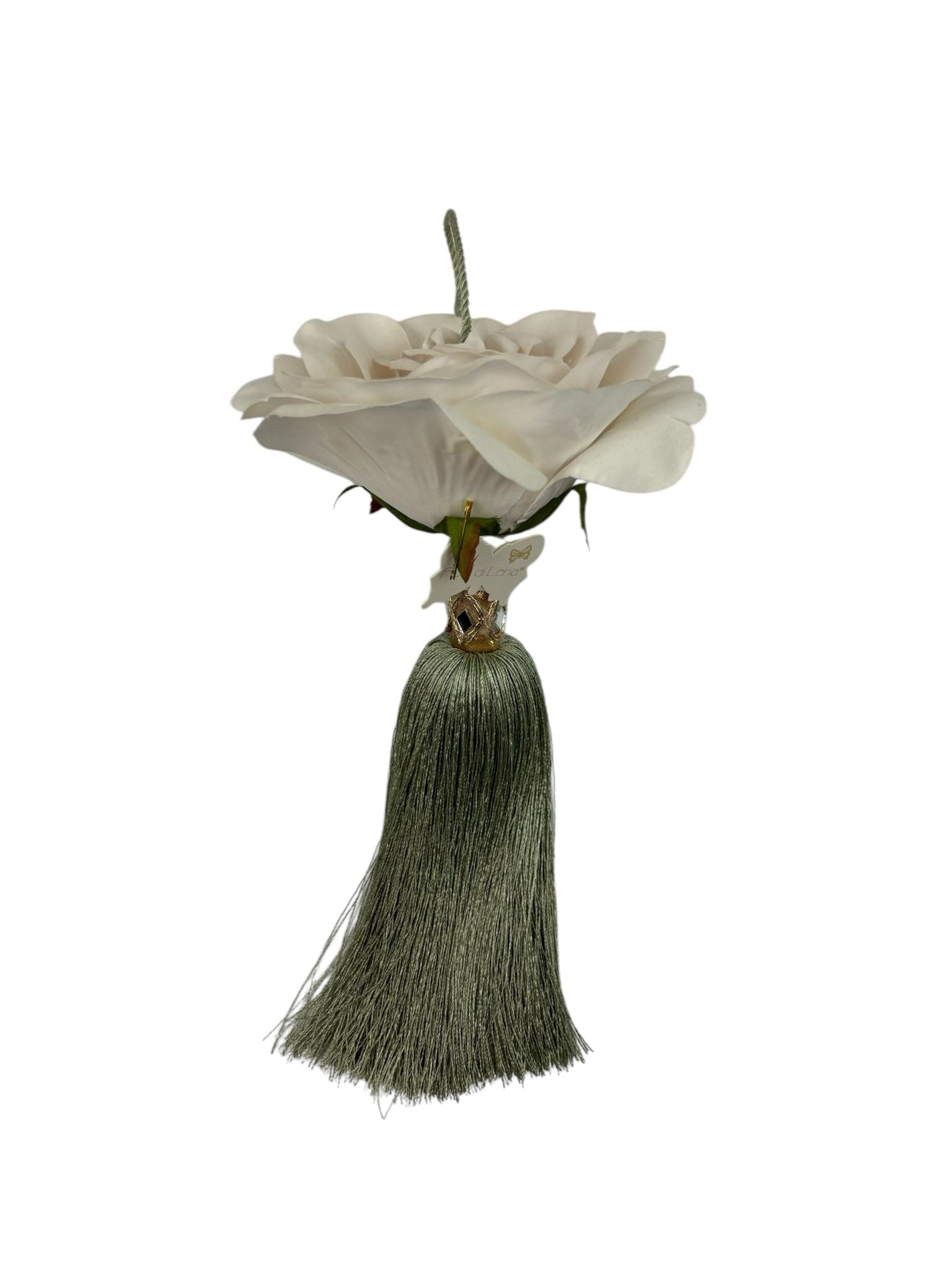 Nappa con Rosa Bianca e Nappa Pendente Verde Salvia 22 cm  - Fiori di Lena