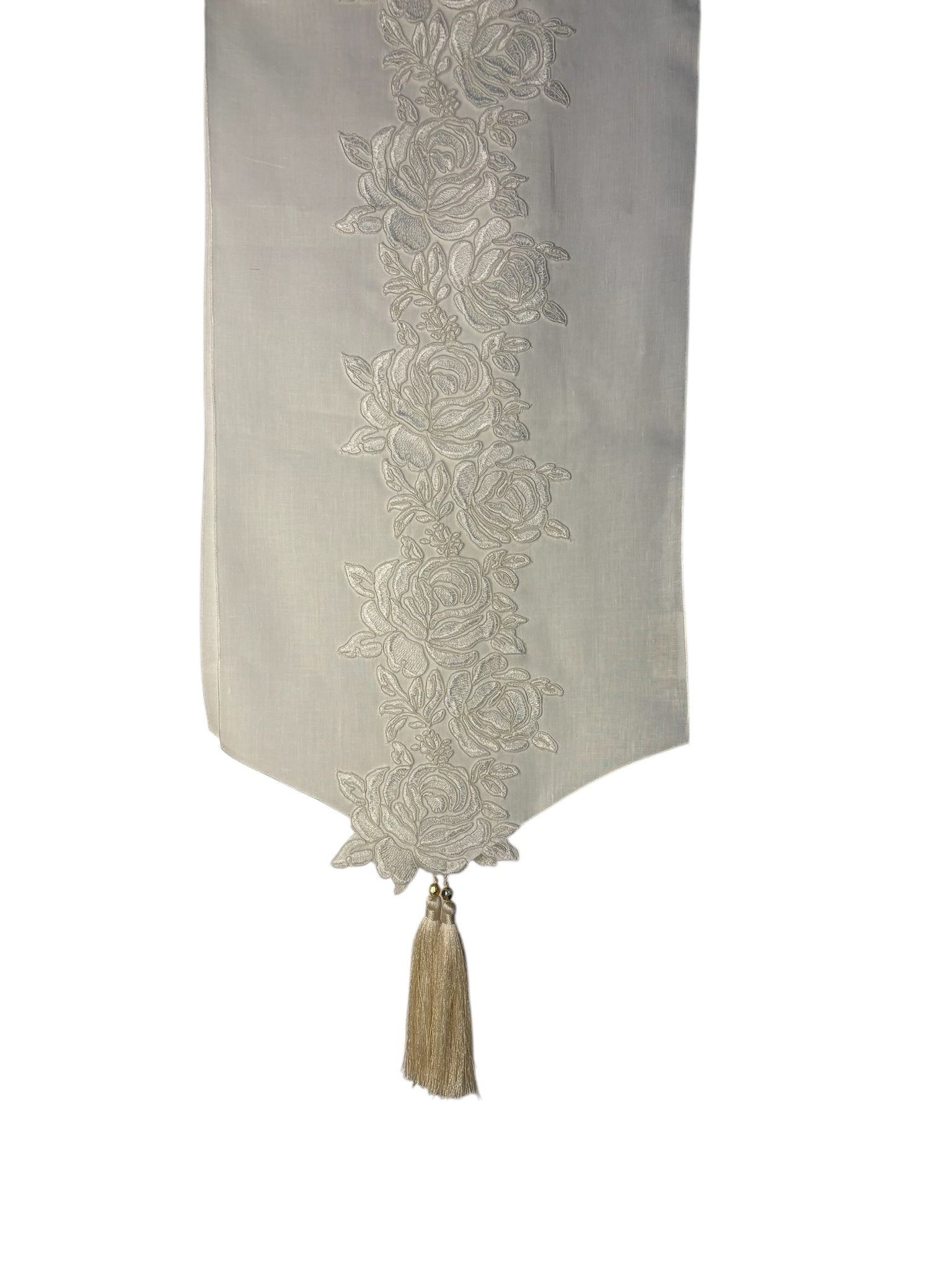 Runner in Lino con Ricamo Rosa e Nappa Pendente 140x36 cm - Fiori di Lena