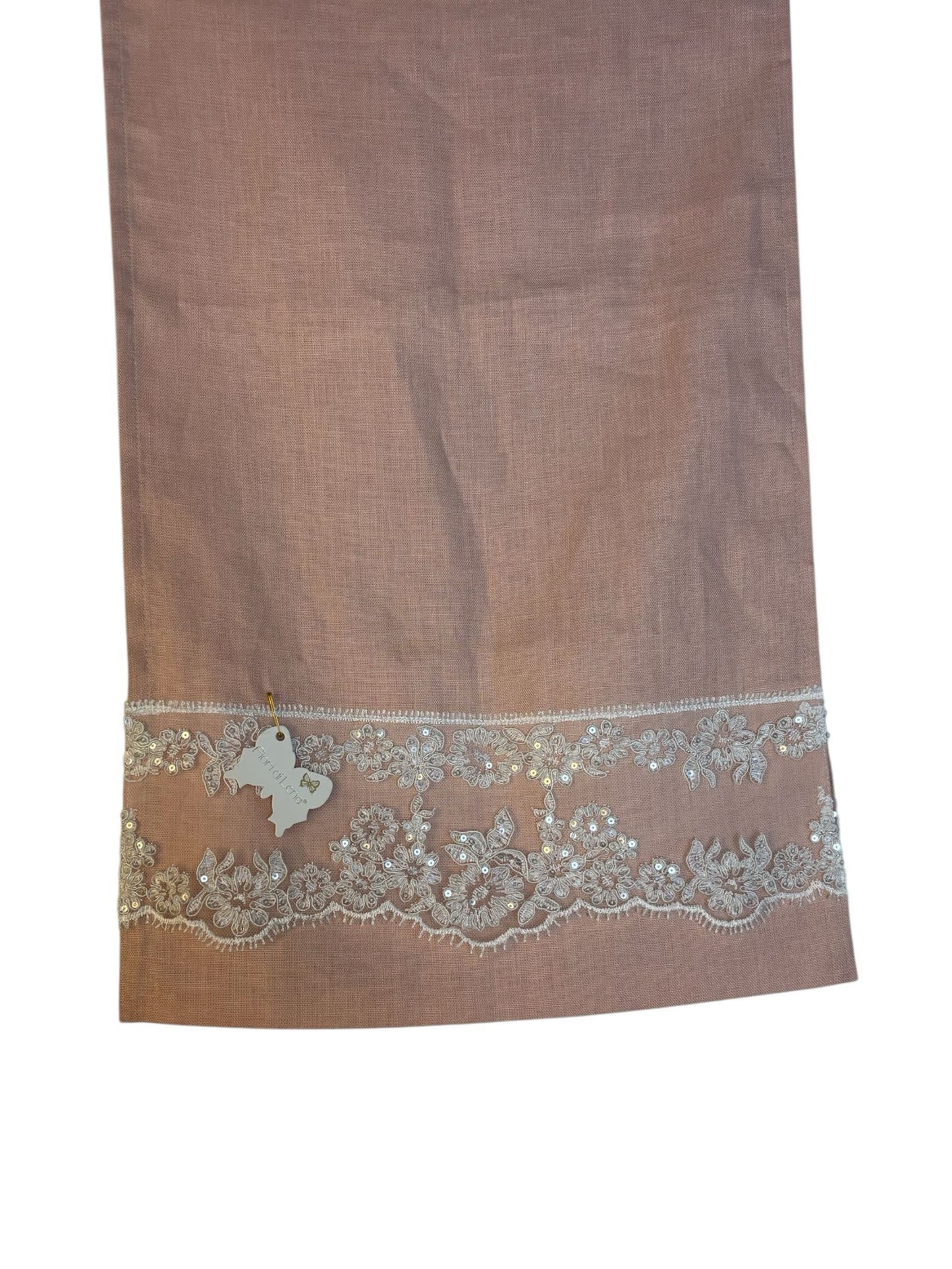 Runner in Lino Rosa con Ricamo in Pizzo 34x110 cm - Fiori di Lena