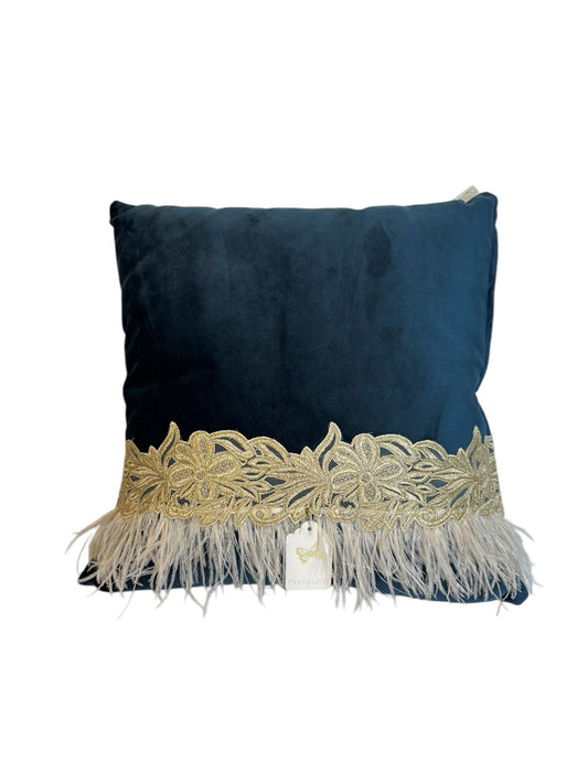 Cuscino in Velluto Ottanio con Ricamo Oro e Piume 45x45 cm - Fiori di Lena