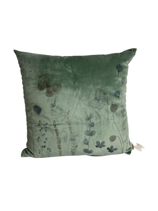 Cuscino in Velluto Verde Salvia con Fiori e Farfalle 40x40 cm - Fiori di Lena