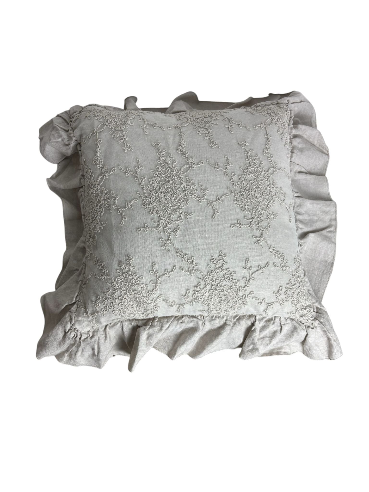 Cuscino in Lino e Cotone con Pizzo Corinzio Ricamato e Volant 40x40 cm - Chez Moi