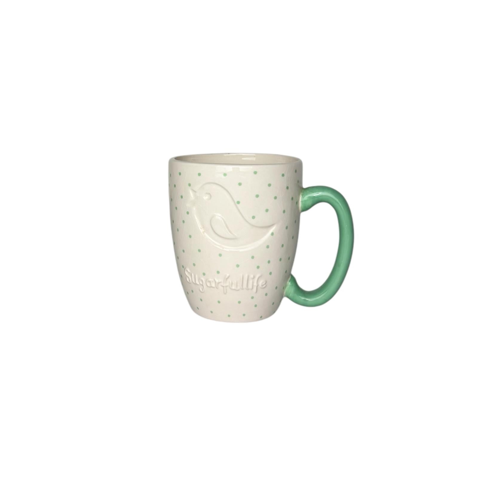 Tazza in Ceramica con Uccellino e Pois Verde Menta - Sugarfullife