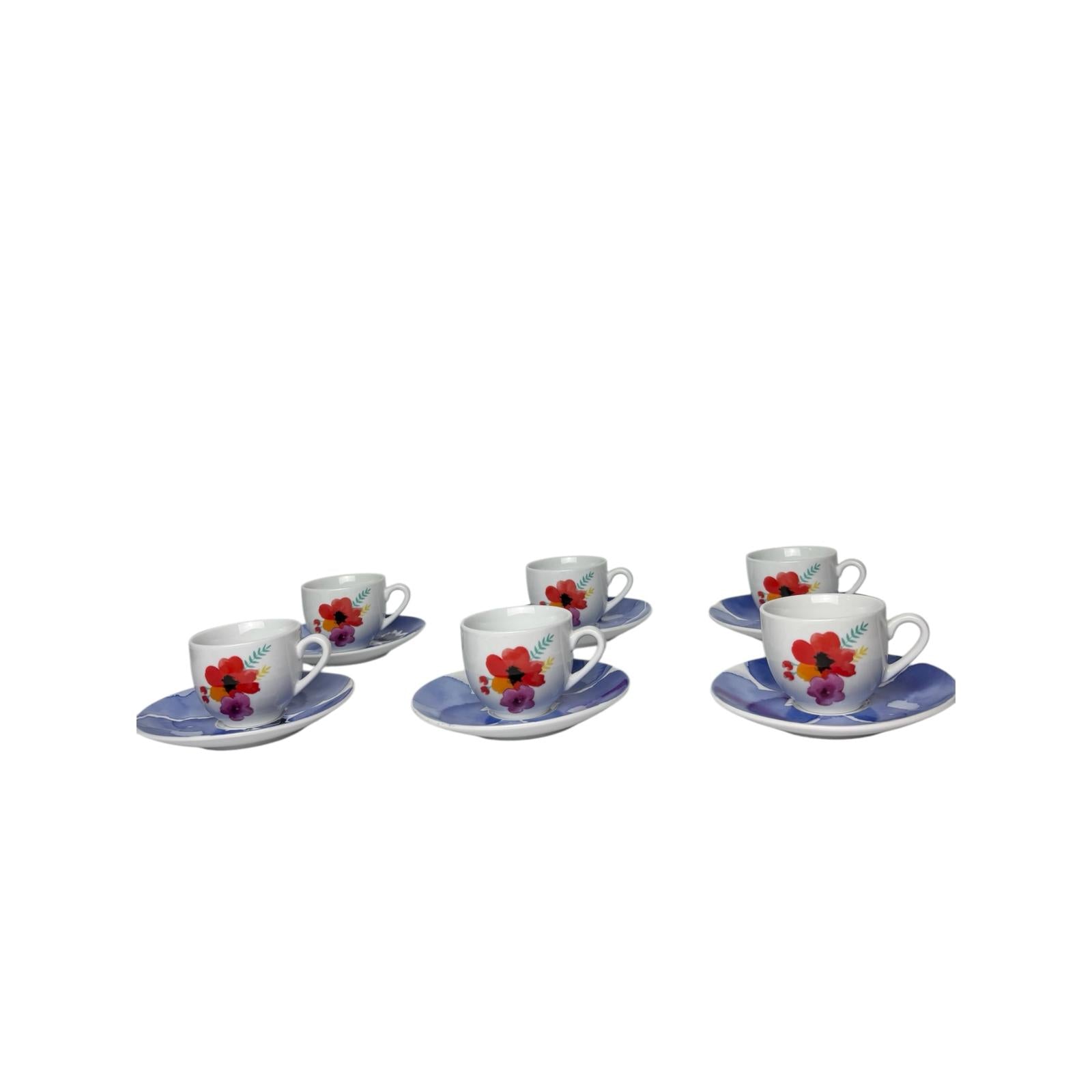 Set di 6 Tazzine in Porcellana con Fiore Colorato e Piattini Blu – Rose e Tulipani