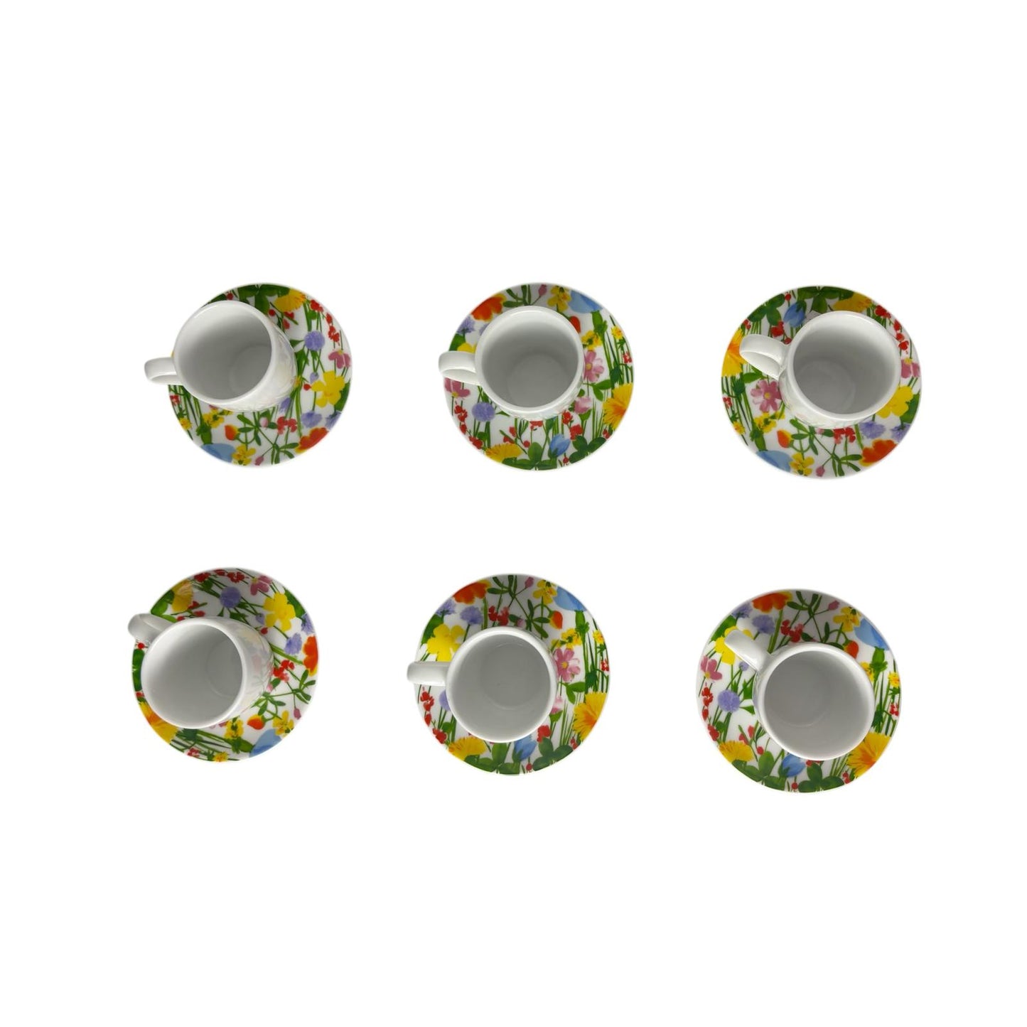 Set di 6 Tazzine da Caffè Bianche con Piattini Floreali – Rose e Tulipani