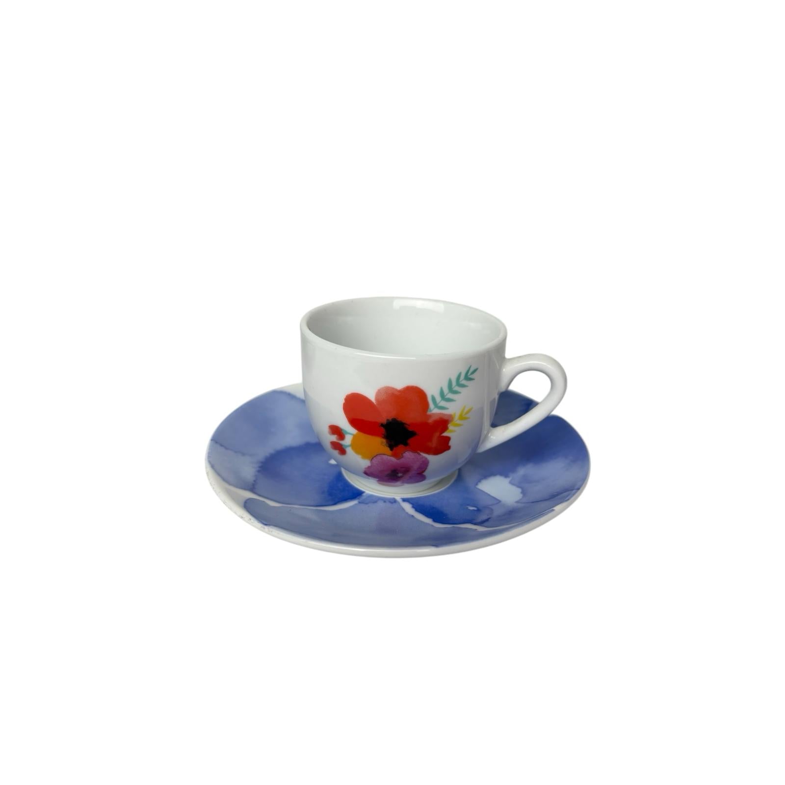 Set di 6 Tazzine in Porcellana con Fiore Colorato e Piattini Blu – Rose e Tulipani