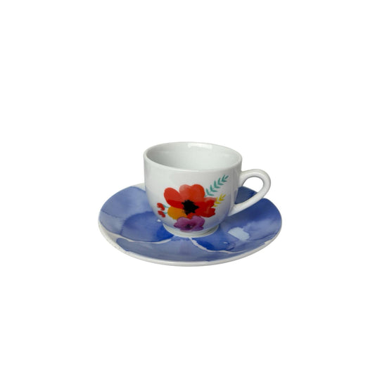 Set di 6 Tazzine in Porcellana con Fiore Colorato e Piattini Blu – Rose e Tulipani