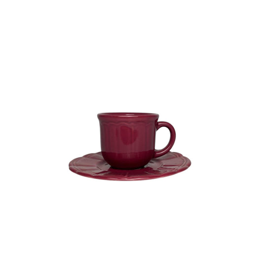 Set di 6 Tazzine da Caffè in Ceramica Bordeaux con Piattino Smerlato