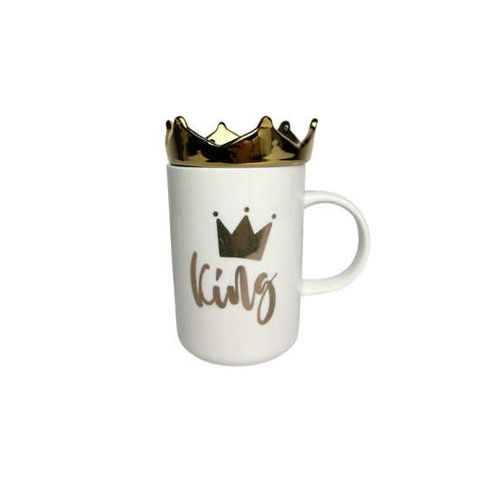 Mug in Porcellana Bianca con Scritta "King" e Tappo a Forma di Corona Oro