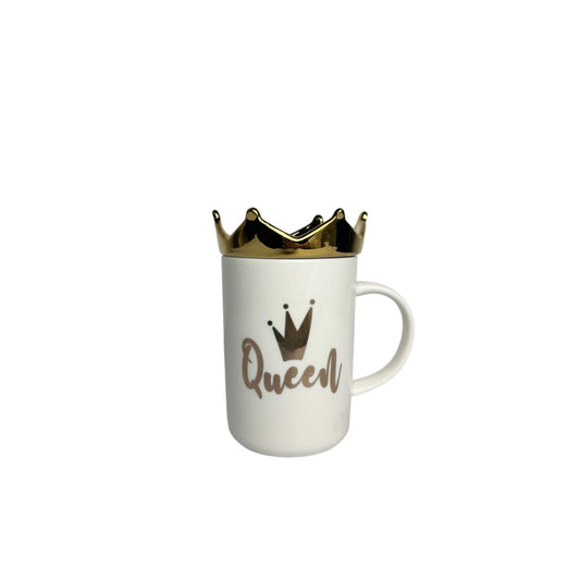 Mug in Porcellana Bianca con Scritta "Queen" e Tappo a Forma di Corona Oro
