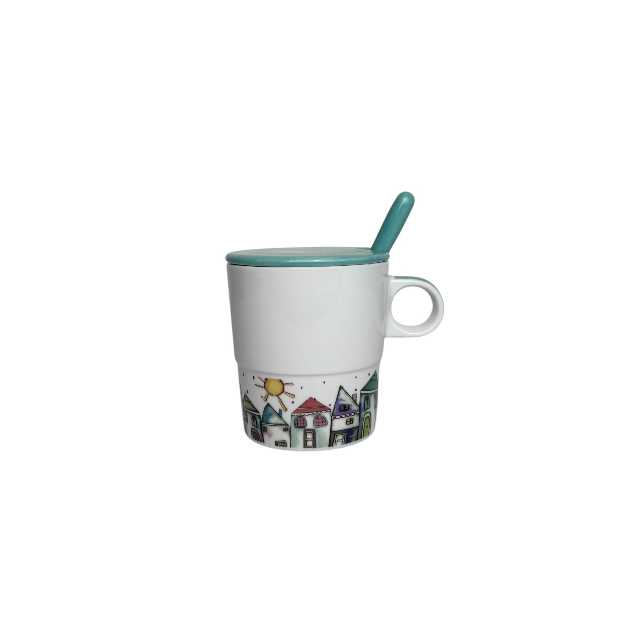 Tazza da Tè in Porcellana Bianca con Decori e Coperchio Verde Ottanio – Egan