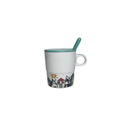 Tazza da Tè in Porcellana Bianca con Decori e Coperchio Verde Ottanio – Egan