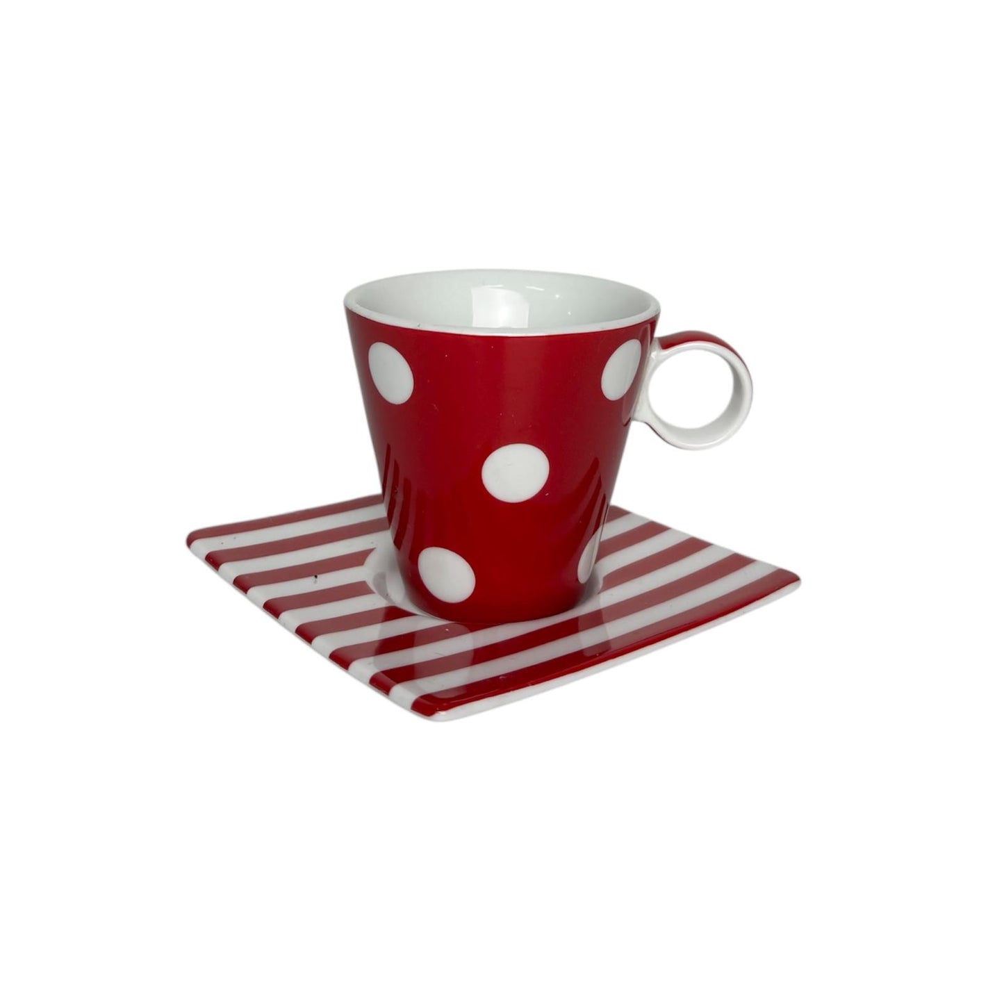 Set di 4 Tazzine in Porcellana Rossa con Pois Bianchi e Piattini Quadrati