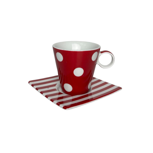 Set di 4 Tazzine in Porcellana Rossa con Pois Bianchi e Piattini Quadrati