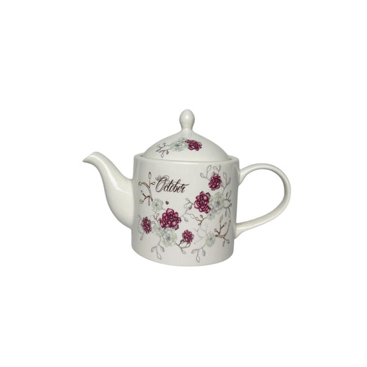 Teiera in Porcellana Bianca con Scritta "October" e Decori Rosa Delicati - Emò