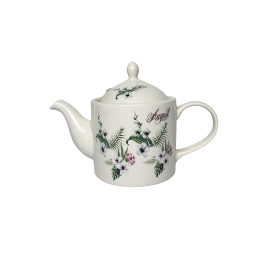 Teiera in Porcellana Bianca con Scritta "August" e Decori Verde Delicati - Emò