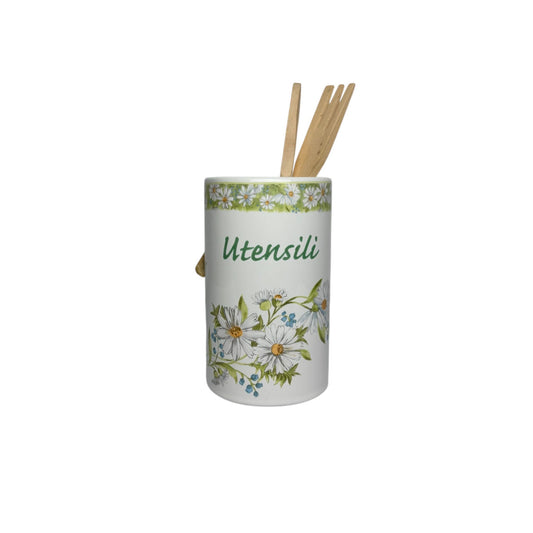 Porta Utensili in Porcellana Bianca con Margherite e Utensili in Legno – Collezione Margherite