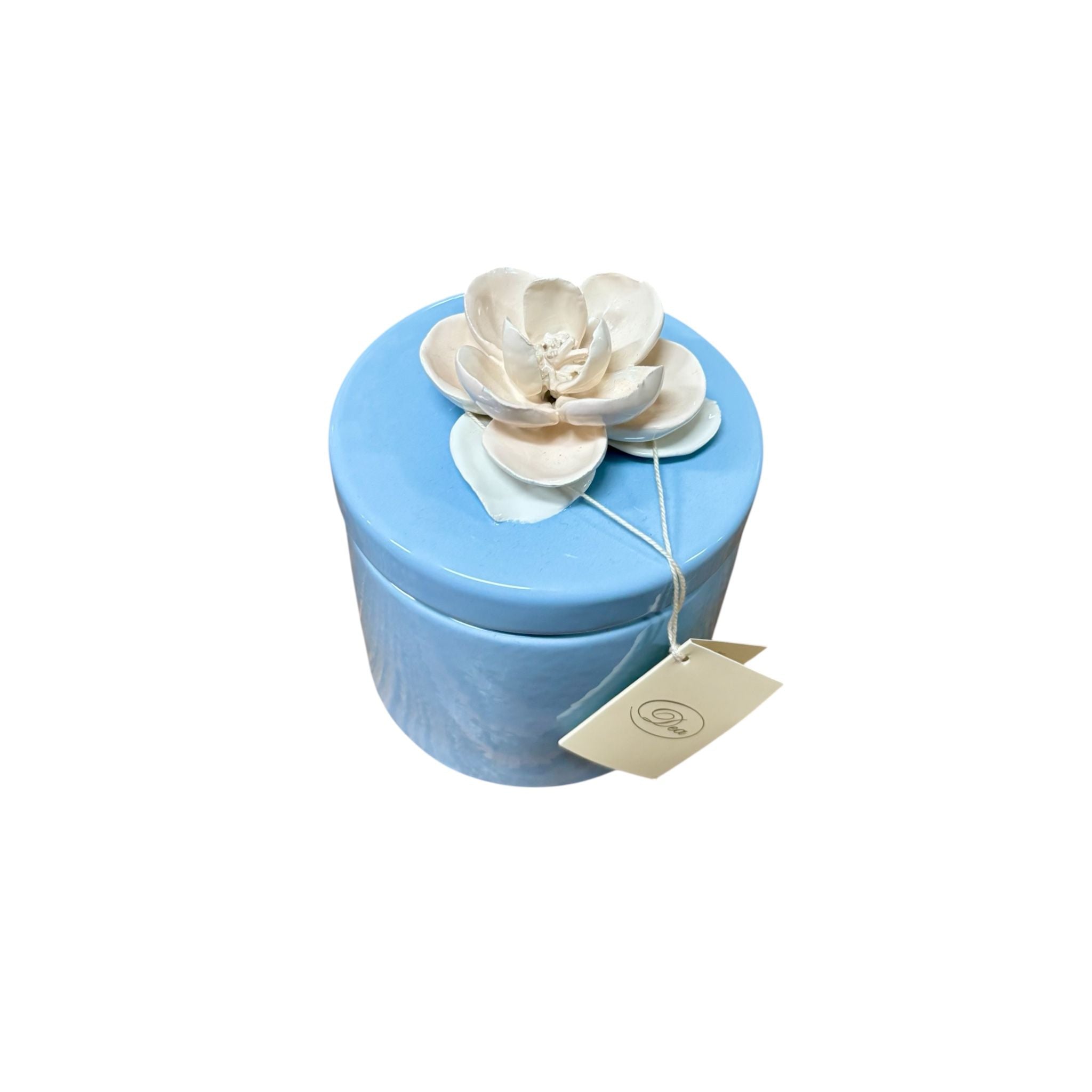 Scatola Porta Gioie in Ceramica Celeste con Fiore 3D Bianco e Rosa 10x12 h cm - Dea Capodimonte