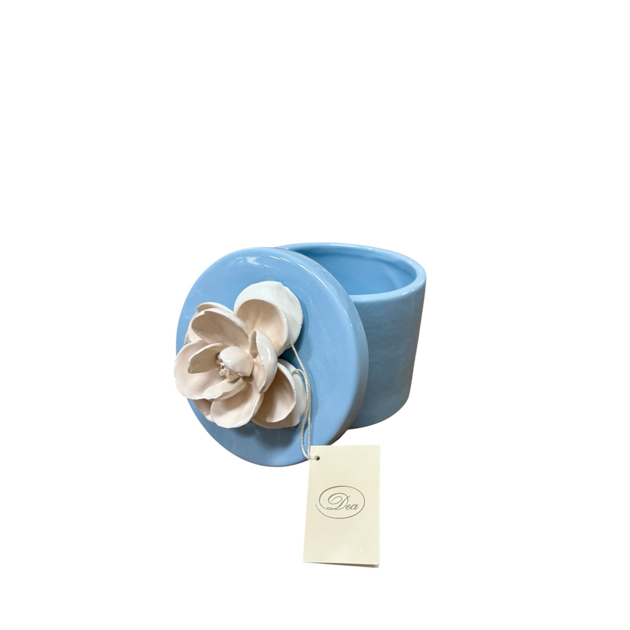 Scatola Porta Gioie in Ceramica Celeste con Fiore 3D Bianco e Rosa 10x12 h cm - Dea Capodimonte