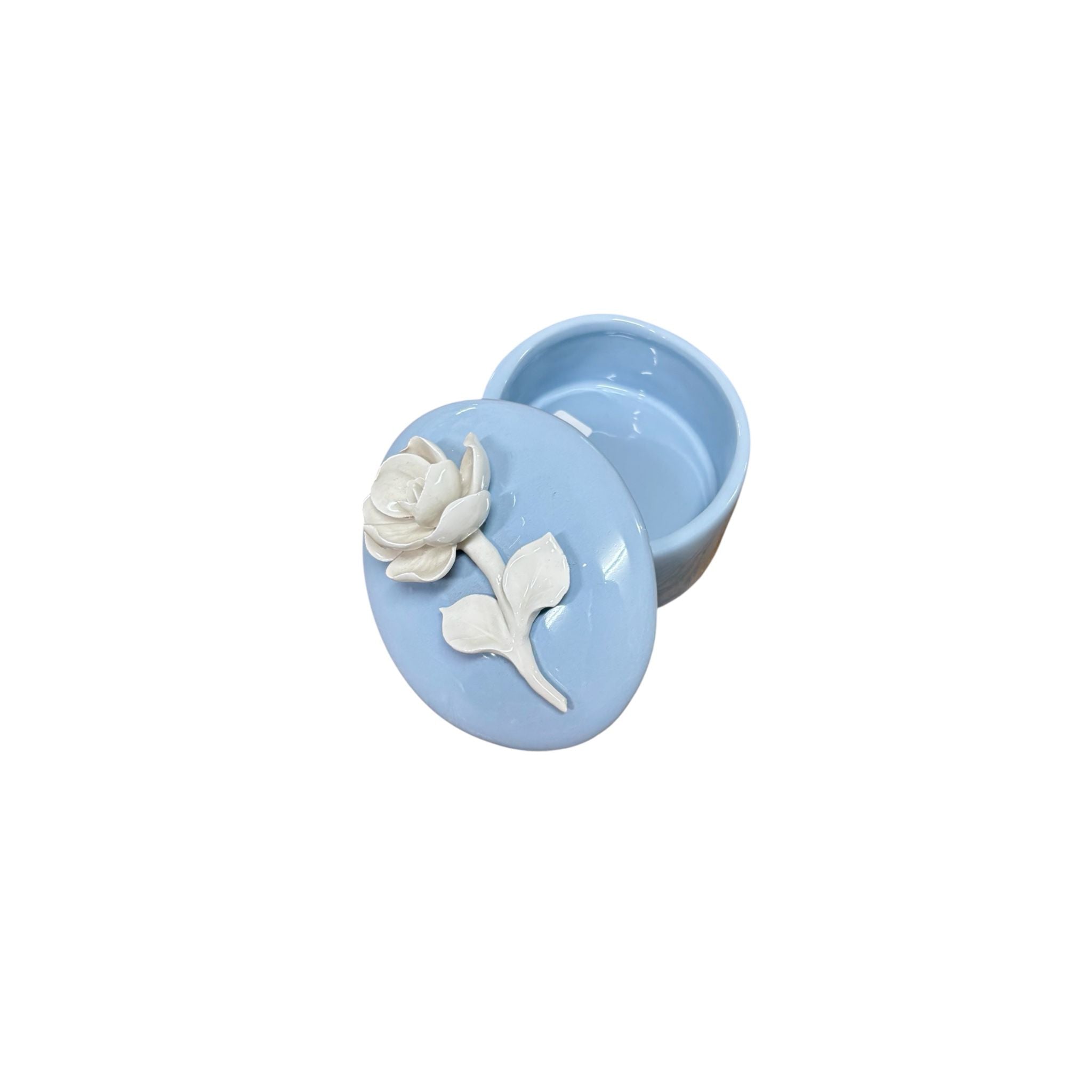 Porta Gioie Ovale Celeste con Rosa 3D Bianca - Dea Capodimonte