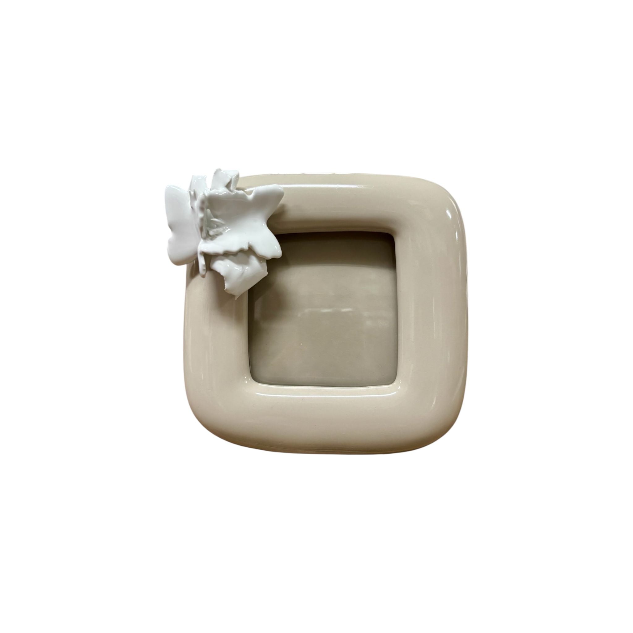 Cornice Bombata in Ceramica Tortora con Farfalle Bianche 15x15 cm- Dea Capodimonte