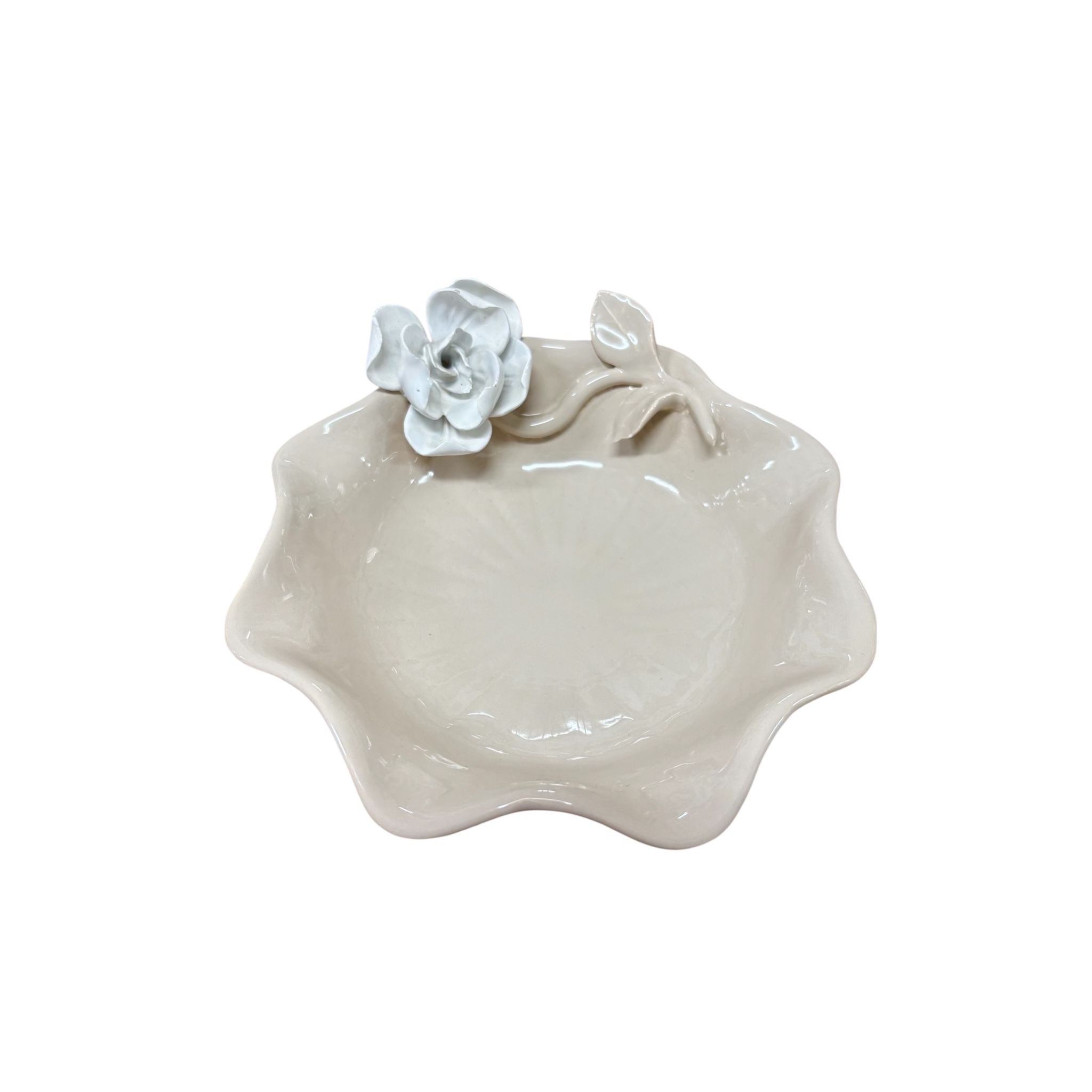 Svuotatasche Rotondo in Porcellana Tortora con Fiore 3D 9x9 cm - Capodimonte