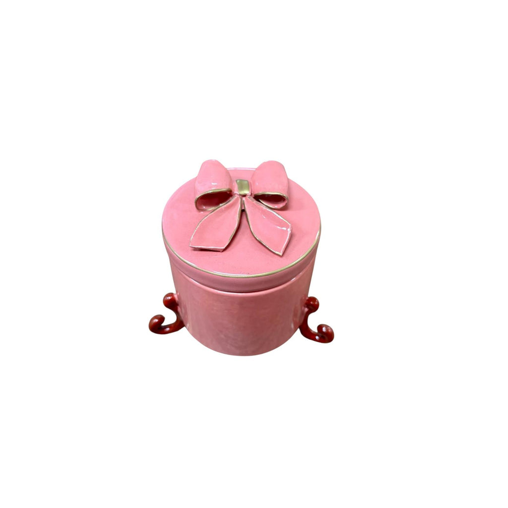 Scatola Tonda in Ceramica Rosa Corallo con Fiocco 3D 9x11 h cm– Dea Capodimonte