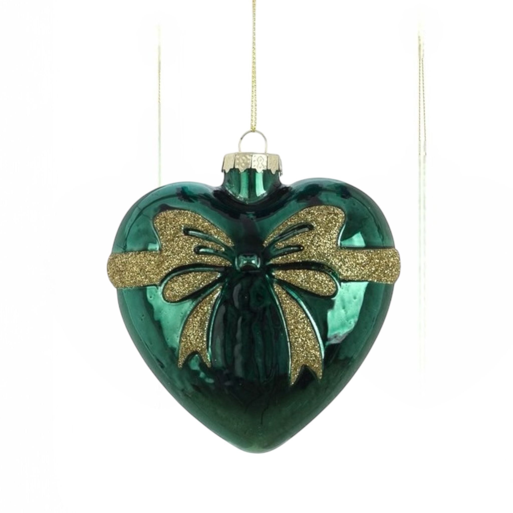 Decorazione Cuore in Vetro con Fiocco Dorato su Fondo Verde - Blanc Mariclò
