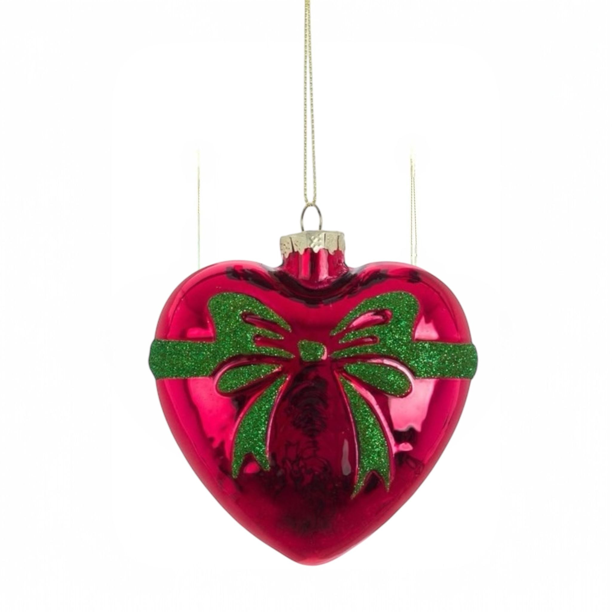Decorazione Cuore in Vetro con Fiocco Dorato e Verde - Blanc Mariclò