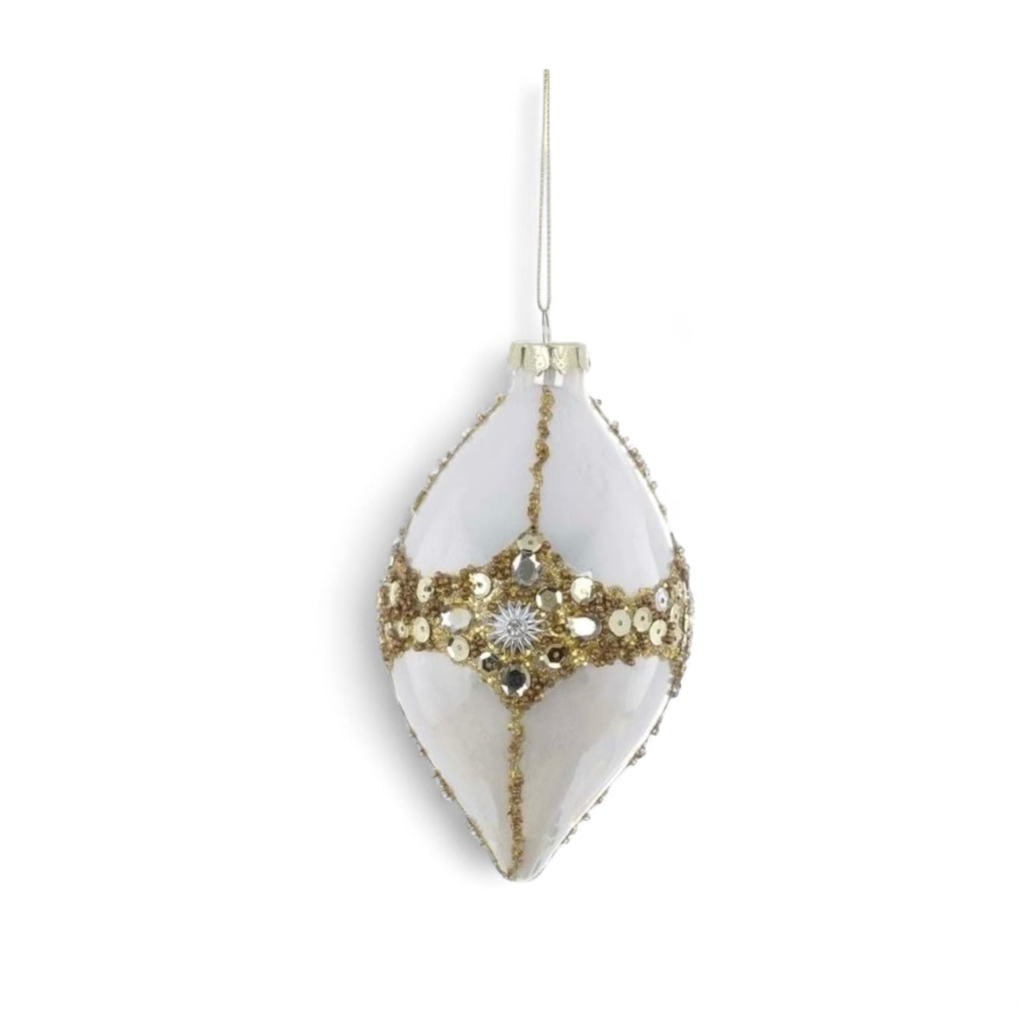 Sfera Natalizia Ovale in Vetro Bianco Perlato con Perline e Gemme 10x10 cm - Blanc Mariclò