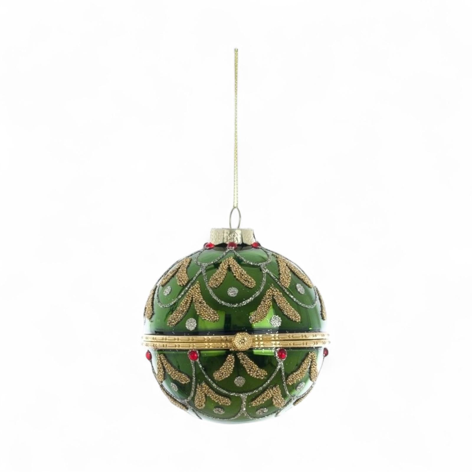 Sfera Natalizia Retrò Verde con Ricami Glitterati 9x9 cm - Blanc Mariclò