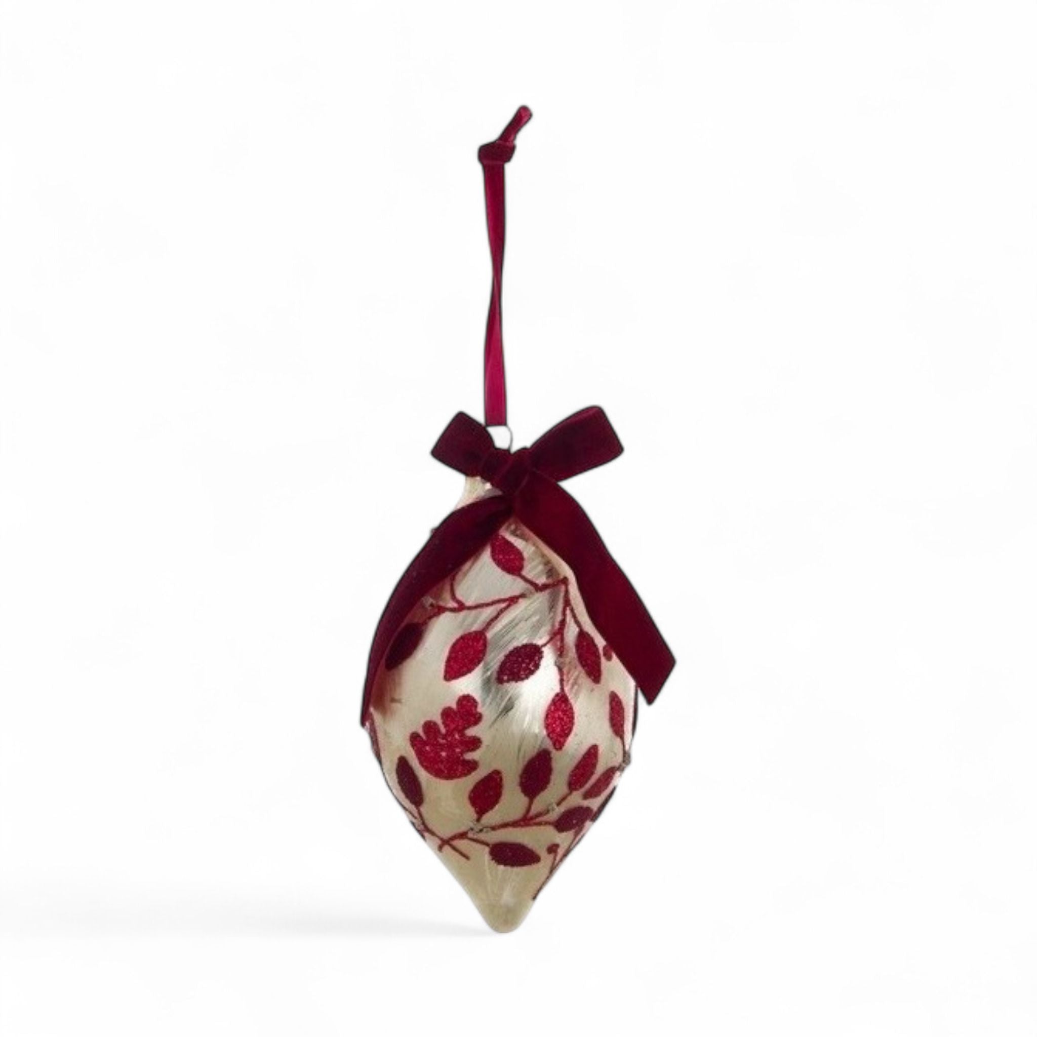 Decorazione a Goccia in Vetro Platino con Decori Rosso Scuro 10x10 cm- Blanc Mariclò