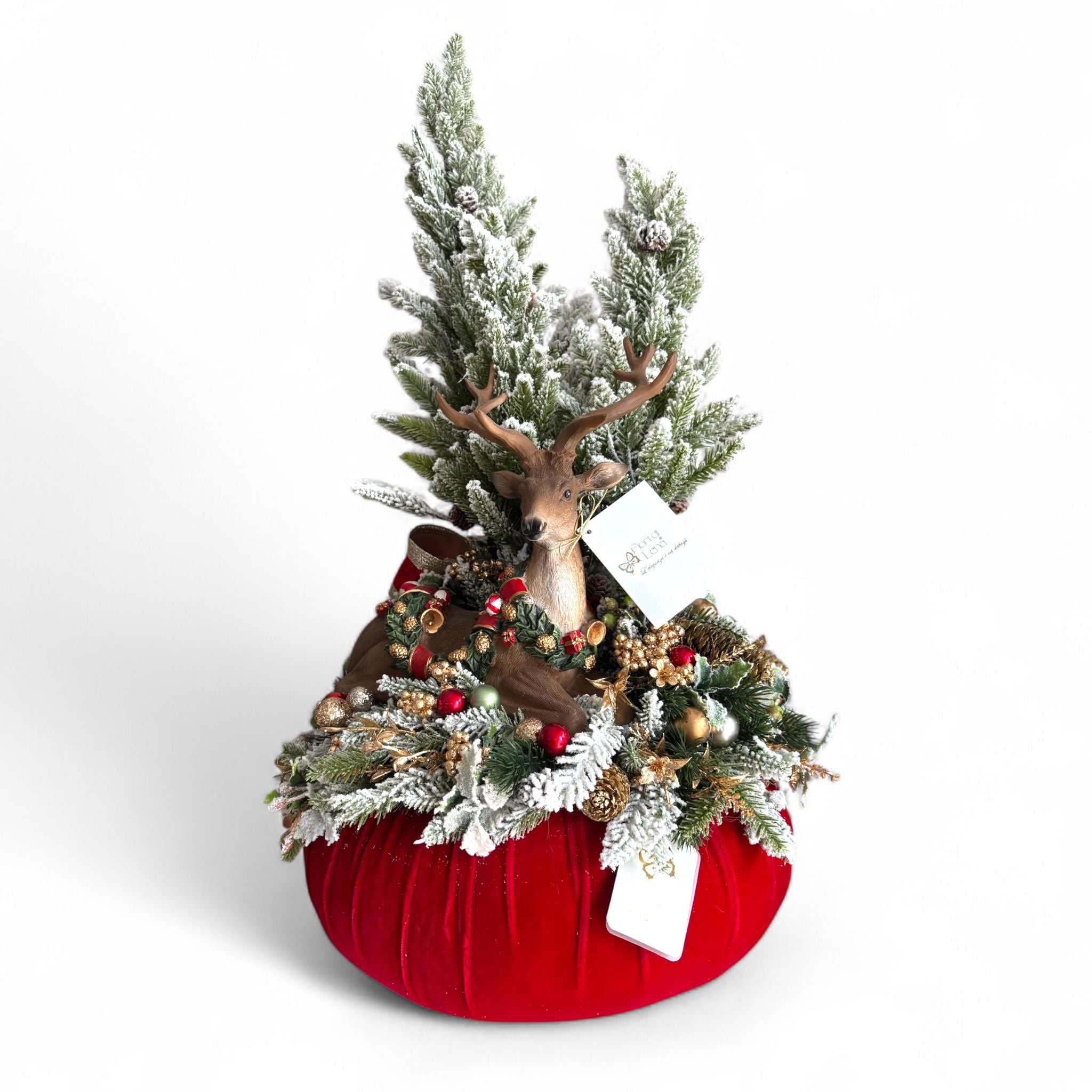 Pouf  in Velluto Rosso con Alberello Innevato e  Renna 70 cm - Fiori di Lena